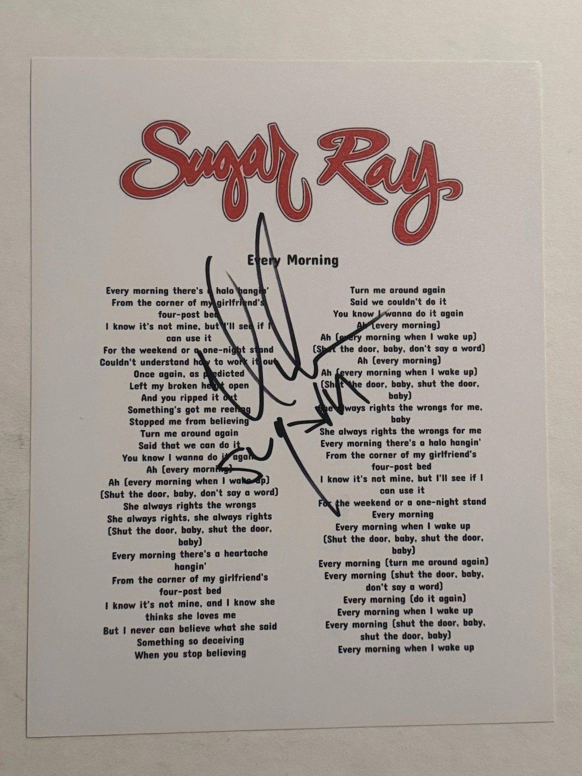 MARK MCGRATH SUGAR RAY BAND LEAD SINGER SIGNED LYRIC SHEET AUTOGRAPHED COA