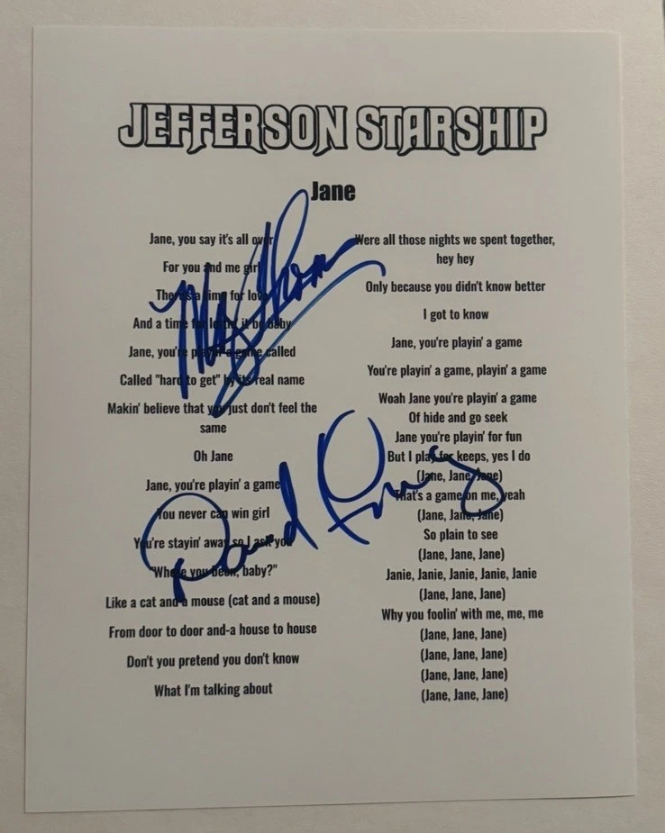 MICKEY THOMAS & DAVID FREIBERG SIGNED LYRIC SHEET JEFFERSON STARSHIP BAND COA