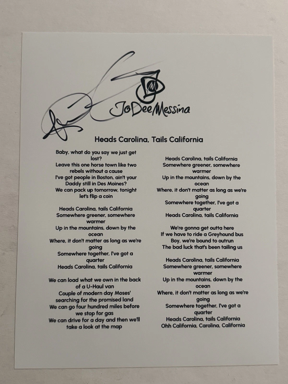 JODEE MESSINA HAND SIGNED LYRIC SHEET AUTOGRAPHED COUNTRY SINGER RARE COA