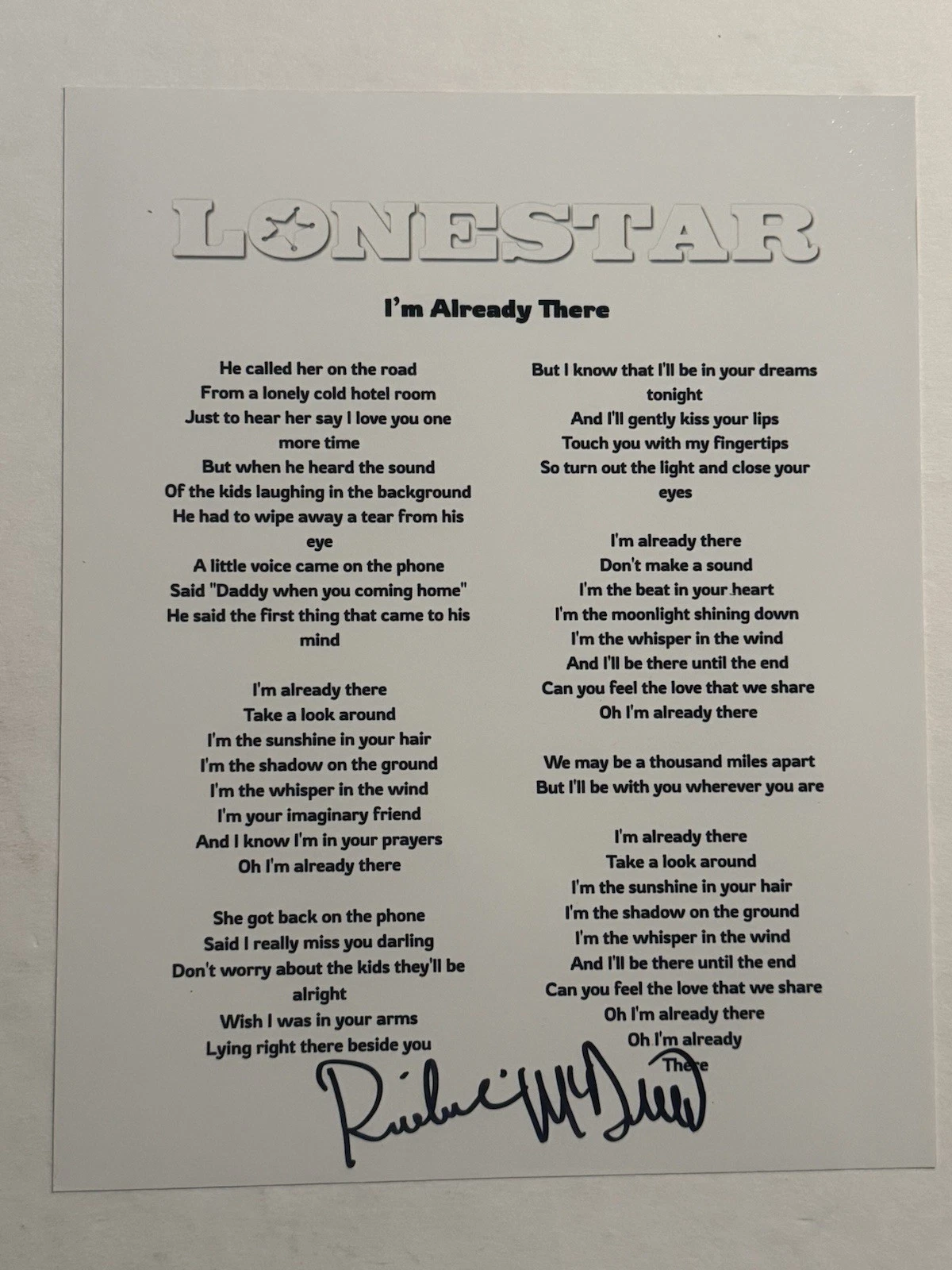 RICHIE MCDONALD SIGNED LYRIC SHEET AUTOGRAPHED LONESTAR BAND LEAD SINGER COA