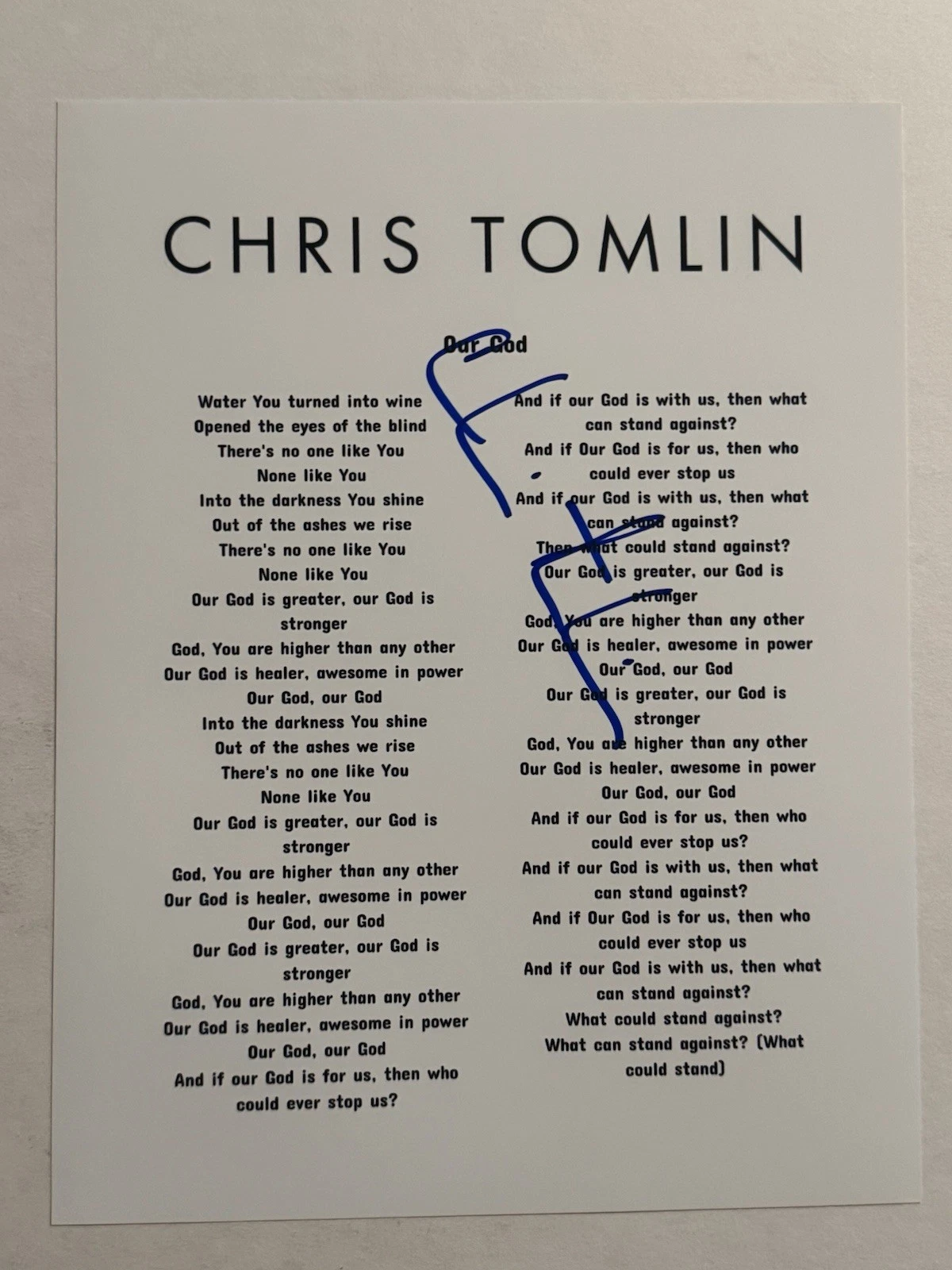 CHRIS TOMLIN SIGNED LYRIC SHEET AUTOGRAPHED CHRISTIAN SINGER VERY RARE COA
