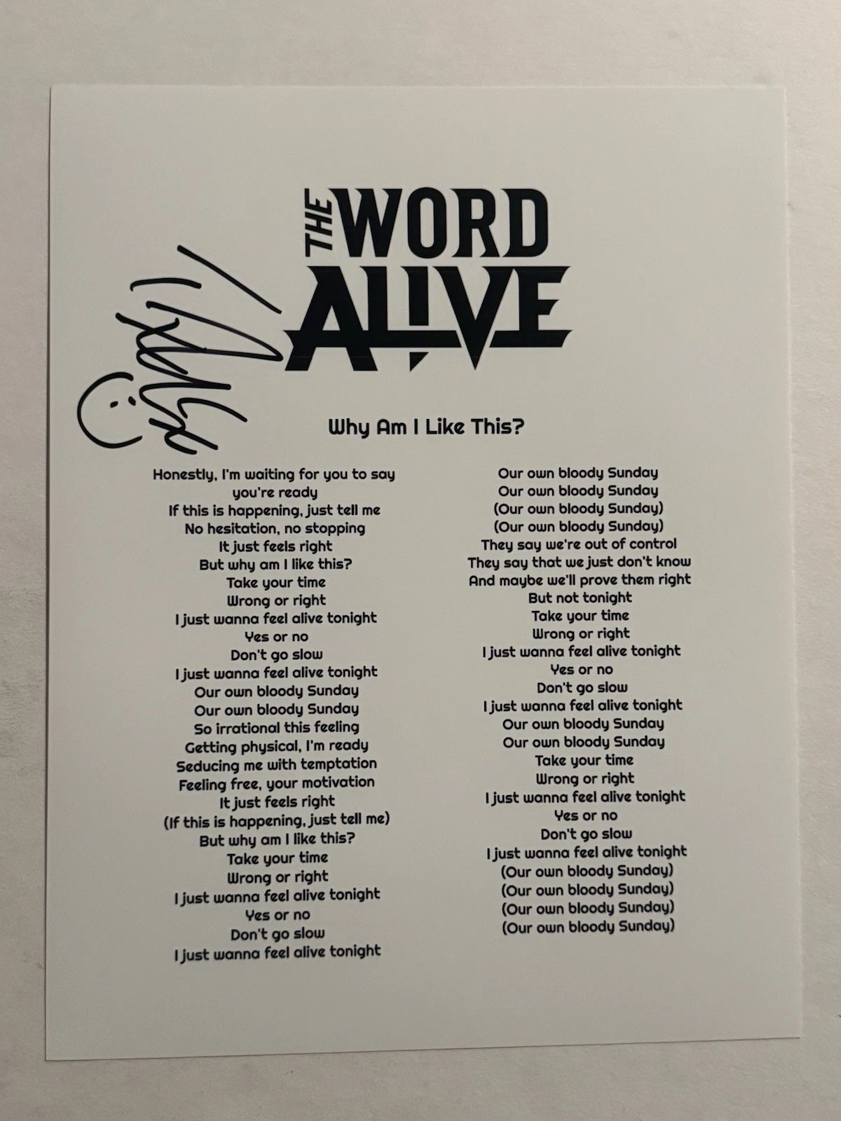 TYLER TELLE SMITH SIGNED LYRIC SHEET AUTOGRAPHED THE WORD ALIVE BAND SINGER COA