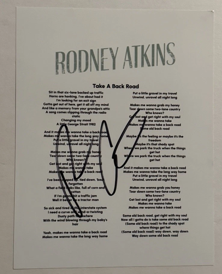 RODNEY ATKINS HAND SIGNED LYRIC SHEET AUTOGRAPHED COUNTRY SINGER RARE COA