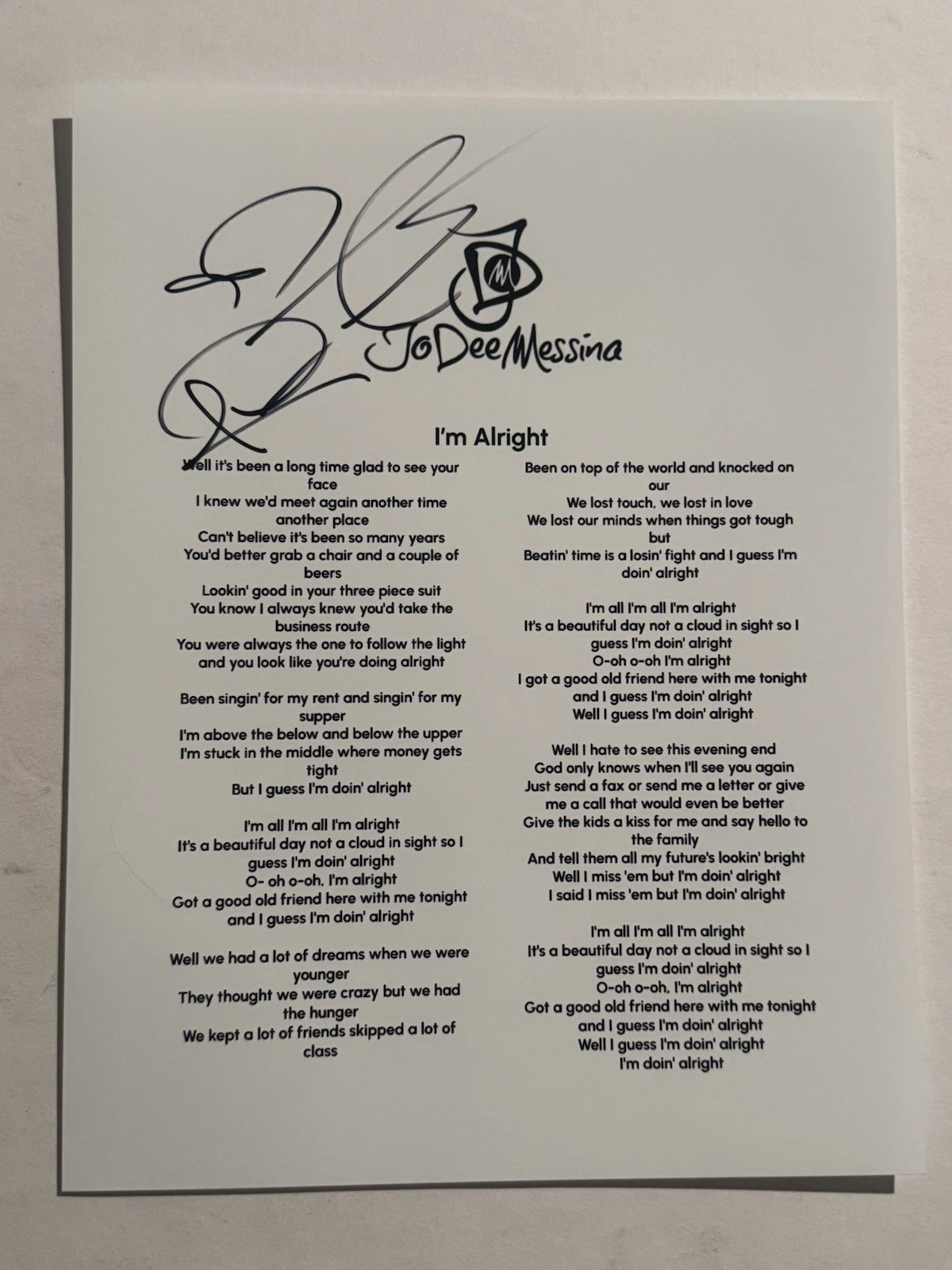 JODEE MESSINA HAND SIGNED LYRIC SHEET AUTOGRAPHED COUNTRY SINGER RARE COA