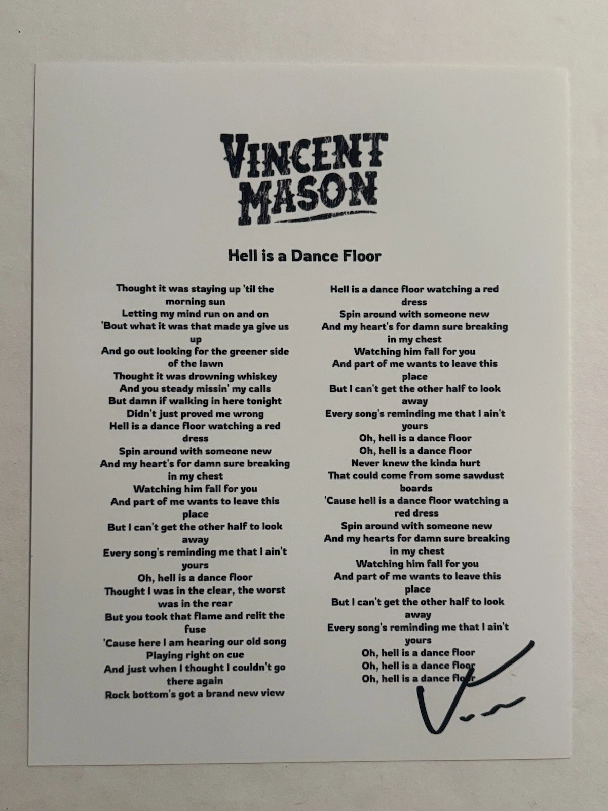VINCENT MASON HAND SIGNED LYRIC SHEET AUTOGRAPHED HOT SINGER RARE COA