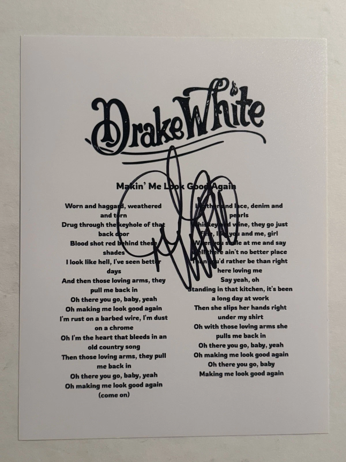 DRAKE WHITE SIGNED LYRIC SHEET AUTOGRAPHED COUNTRY SINGER STAR RARE COA