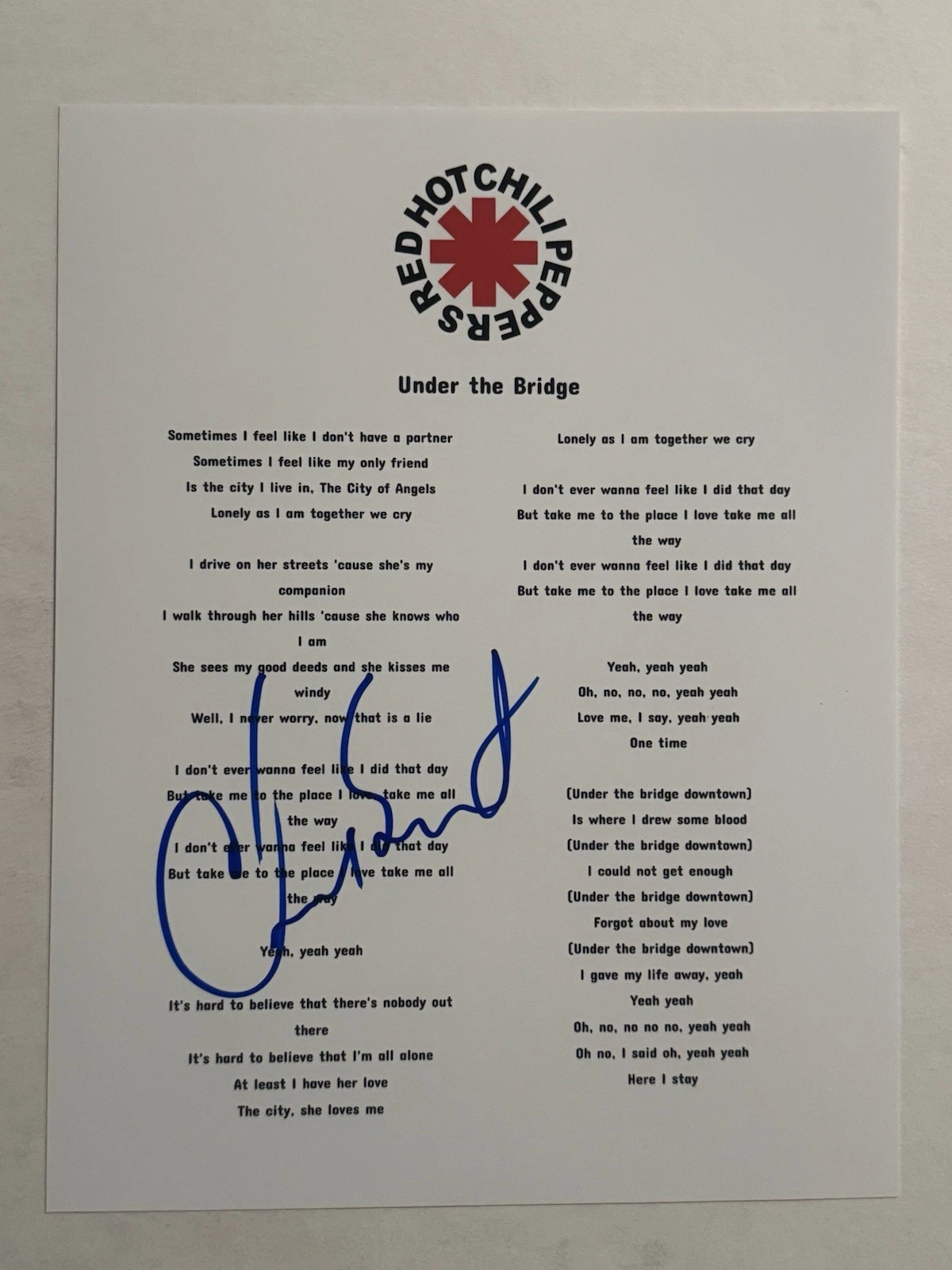 CHAD SMITH SIGNED LYRIC SHEET AUTOGRAPHED RED HOT CHILI PEPPERS DRUMMER RARE COA