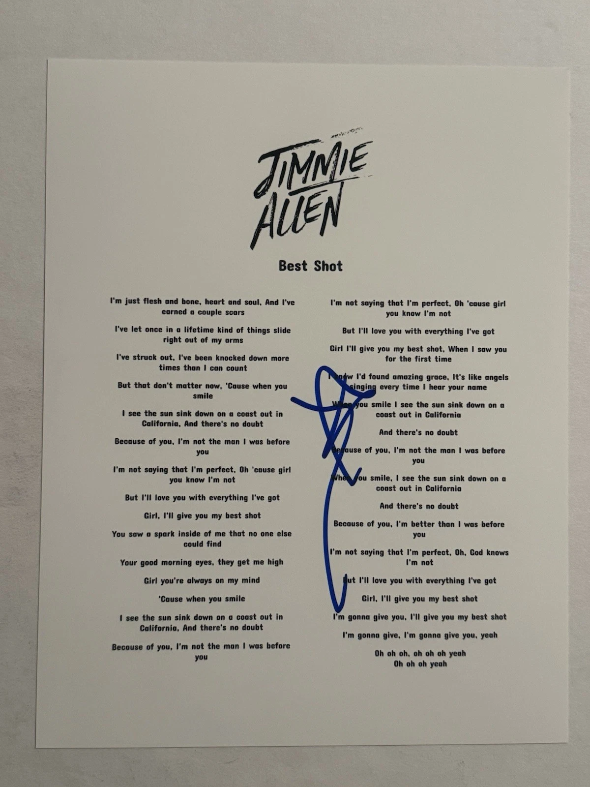JIMMIE ALLEN SIGNED LYRIC SHEET AUTOGRAPHED COUNTRY SINGER STAR RARE COA