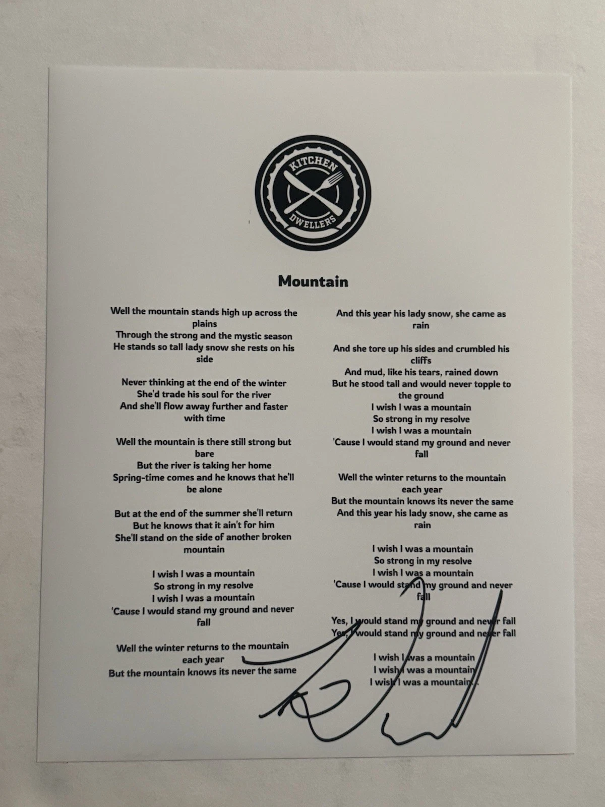 TORRIN DANIELS KITCHEN DWELLERS BAND SINGER SIGNED LYRIC SHEET AUTOGRAPHED COA