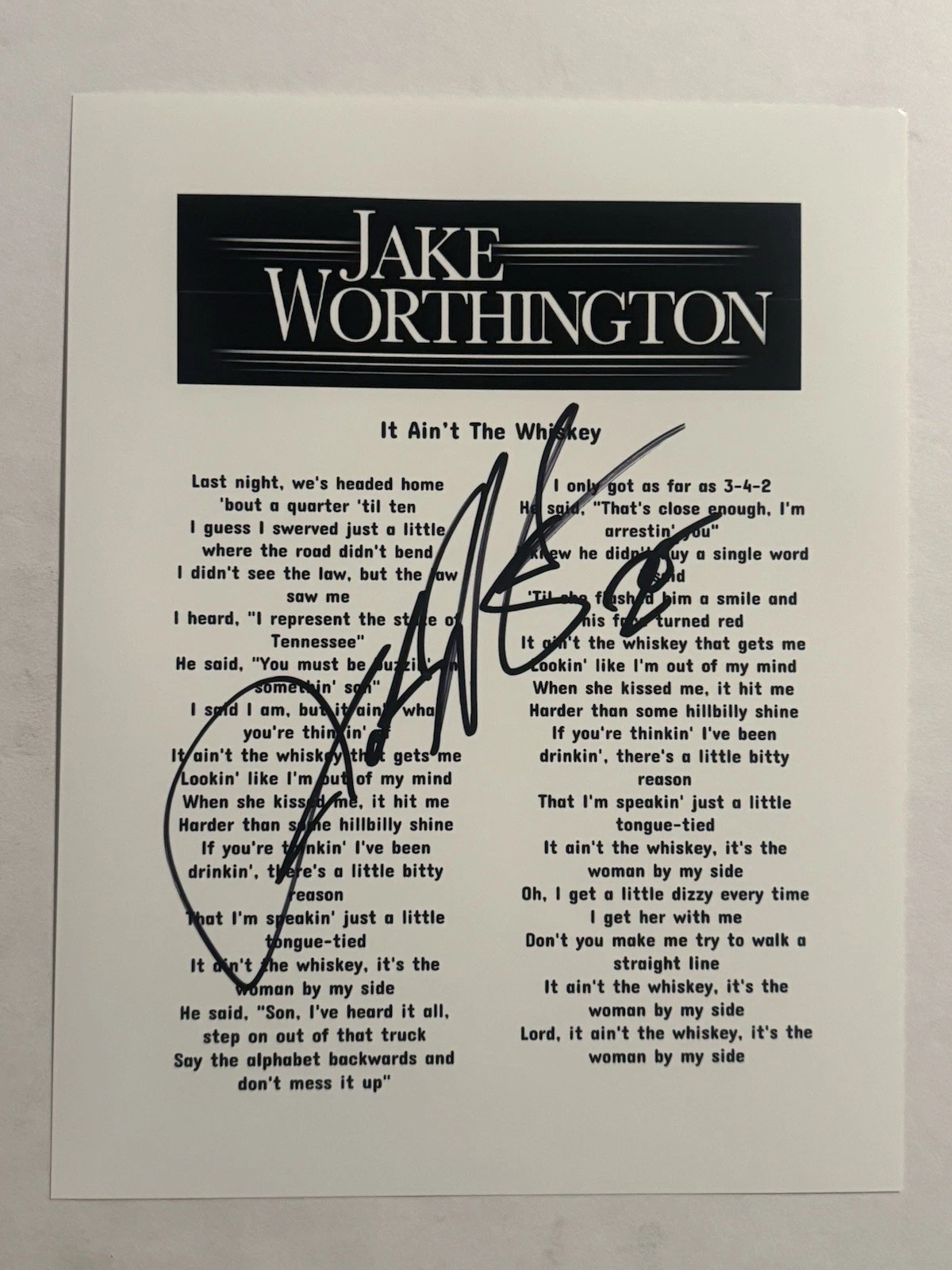 JAKE WORTHINGTON HAND SIGNED LYRIC SHEET AUTOGRAPHED COUNTRY SINGER RARE COA