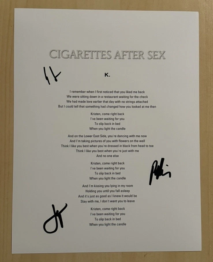 CIGARETTES AFTER SEX FULL BAND SIGNED LYRIC SHEET AUTOGRAPHED GREG GONZALEZ COA