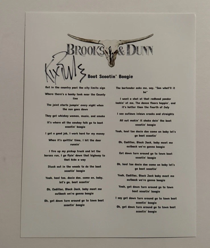 KIX BROOKS SIGNED LYRIC SHEET AUTOGRAPHED BROOKS & DUNN BAND GUITARIST COA