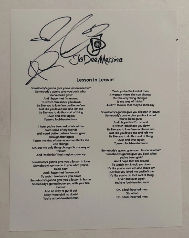 JODEE MESSINA HAND SIGNED LYRIC SHEET AUTOGRAPHED COUNTRY SINGER RARE COA