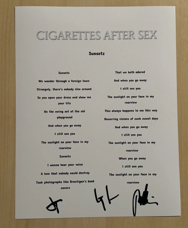 CIGARETTES AFTER SEX FULL BAND SIGNED LYRIC SHEET AUTOGRAPHED GREG GONZALEZ COA