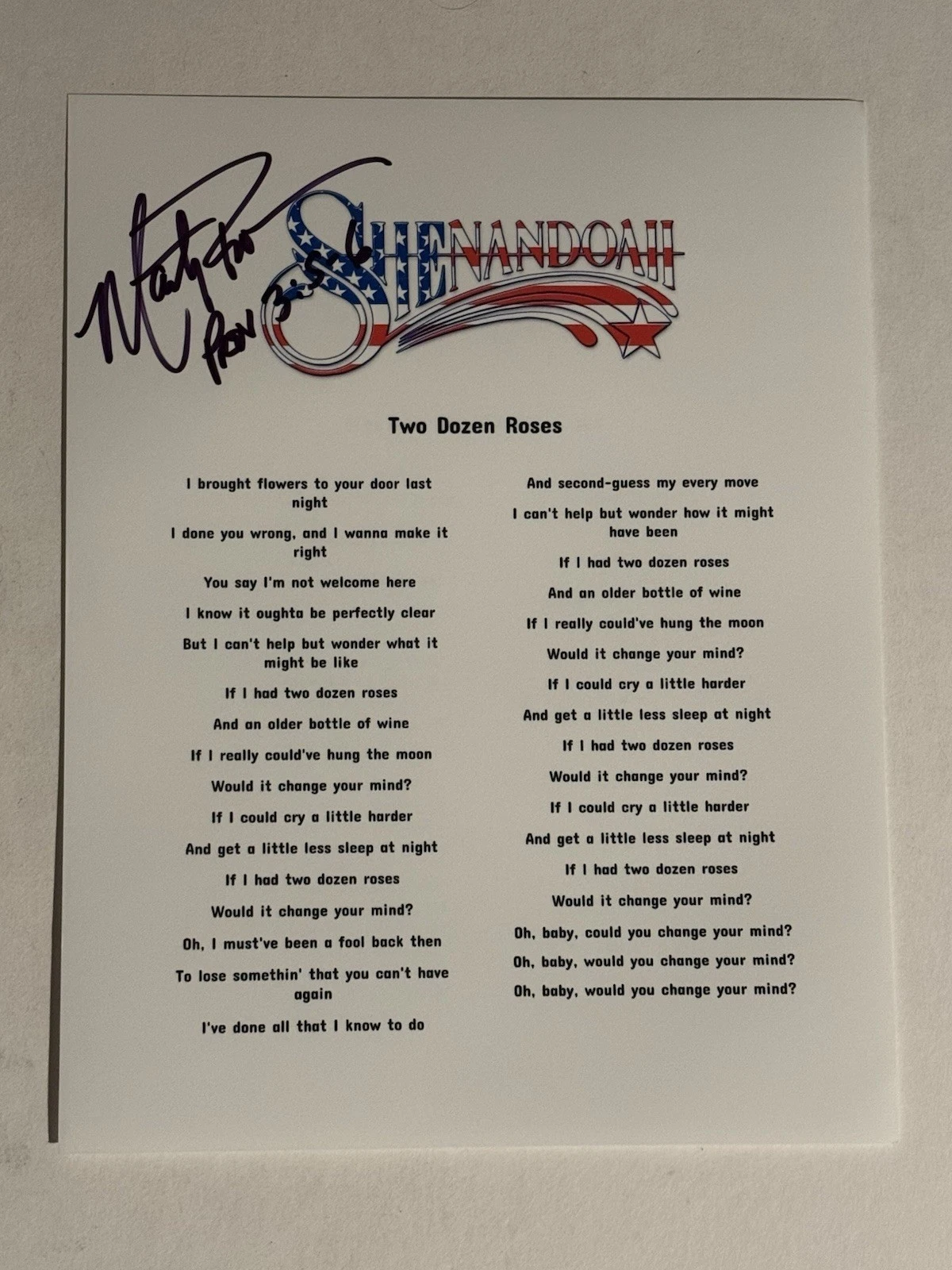MARTY RAYBON SIGNED LYRIC SHEET AUTOGRAPHED SHENANDOAH BAND LEAD SINGER RARE COA