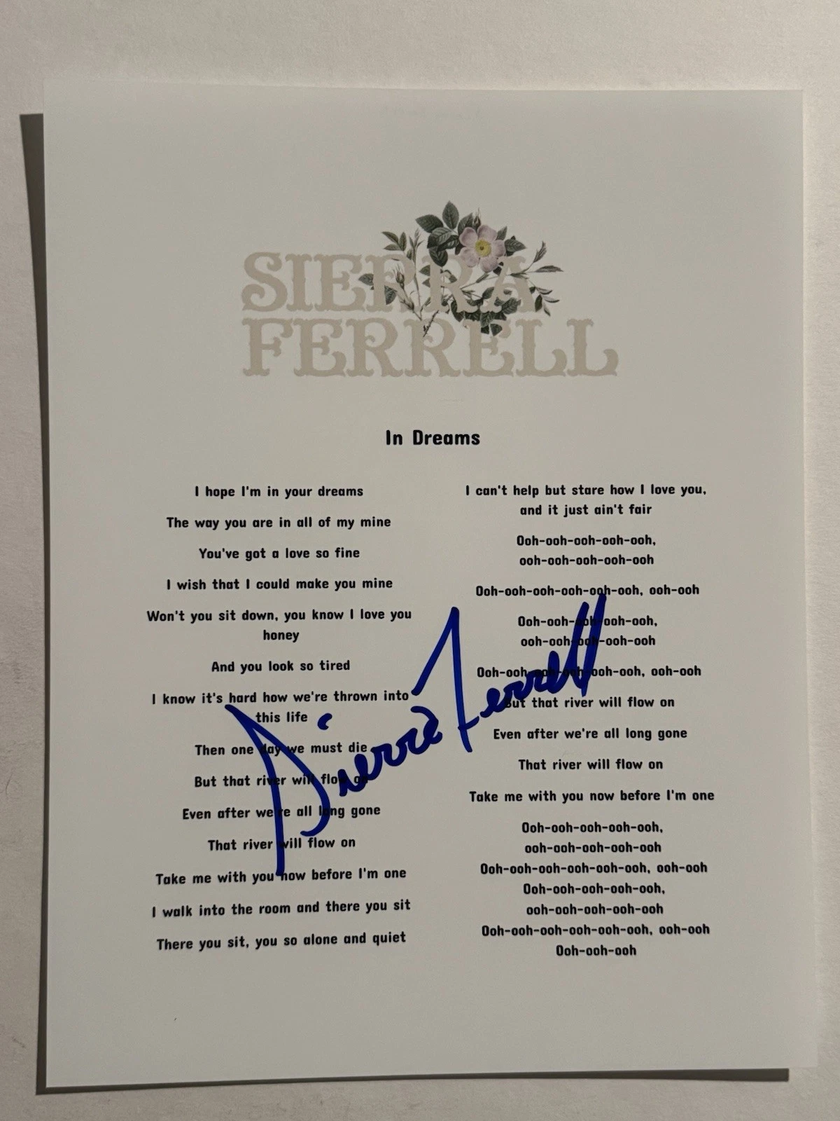 SIERRA FERRELL SIGNED LYRIC SHEET AUTOGRAPHED HOT COUNTRY SINGER STAR RARE COA