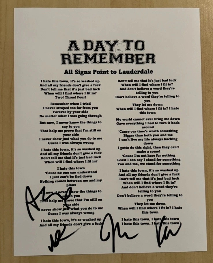 A DAY TO REMEMBER BAND SIGNED LYRIC SHEET AUTOGRAPHED JEREMY MCKINNON RARE COA