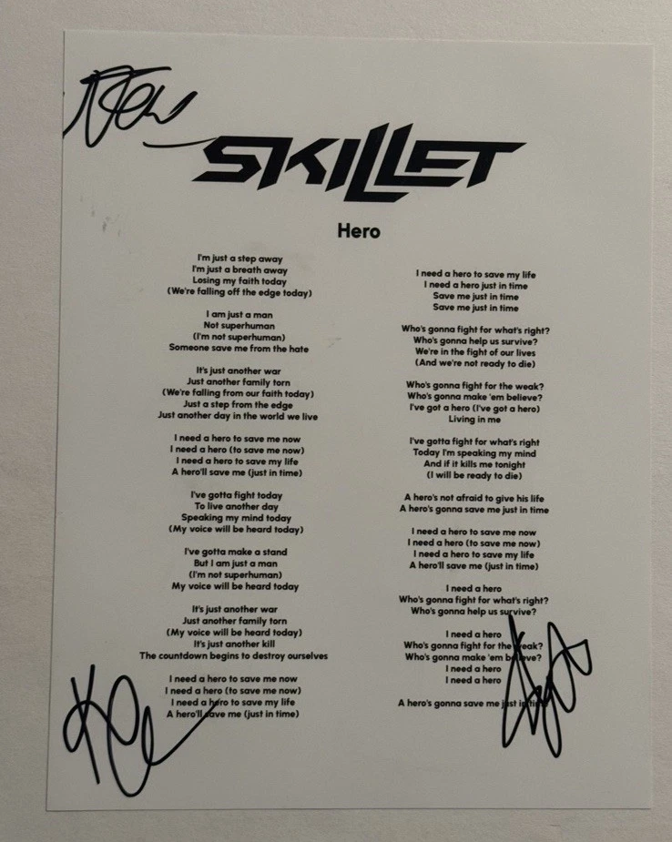SKILLET BAND SIGNED LYRIC SHEET AUTOGRAPHED JEN LEDGER KOREY COOPER RARE COA