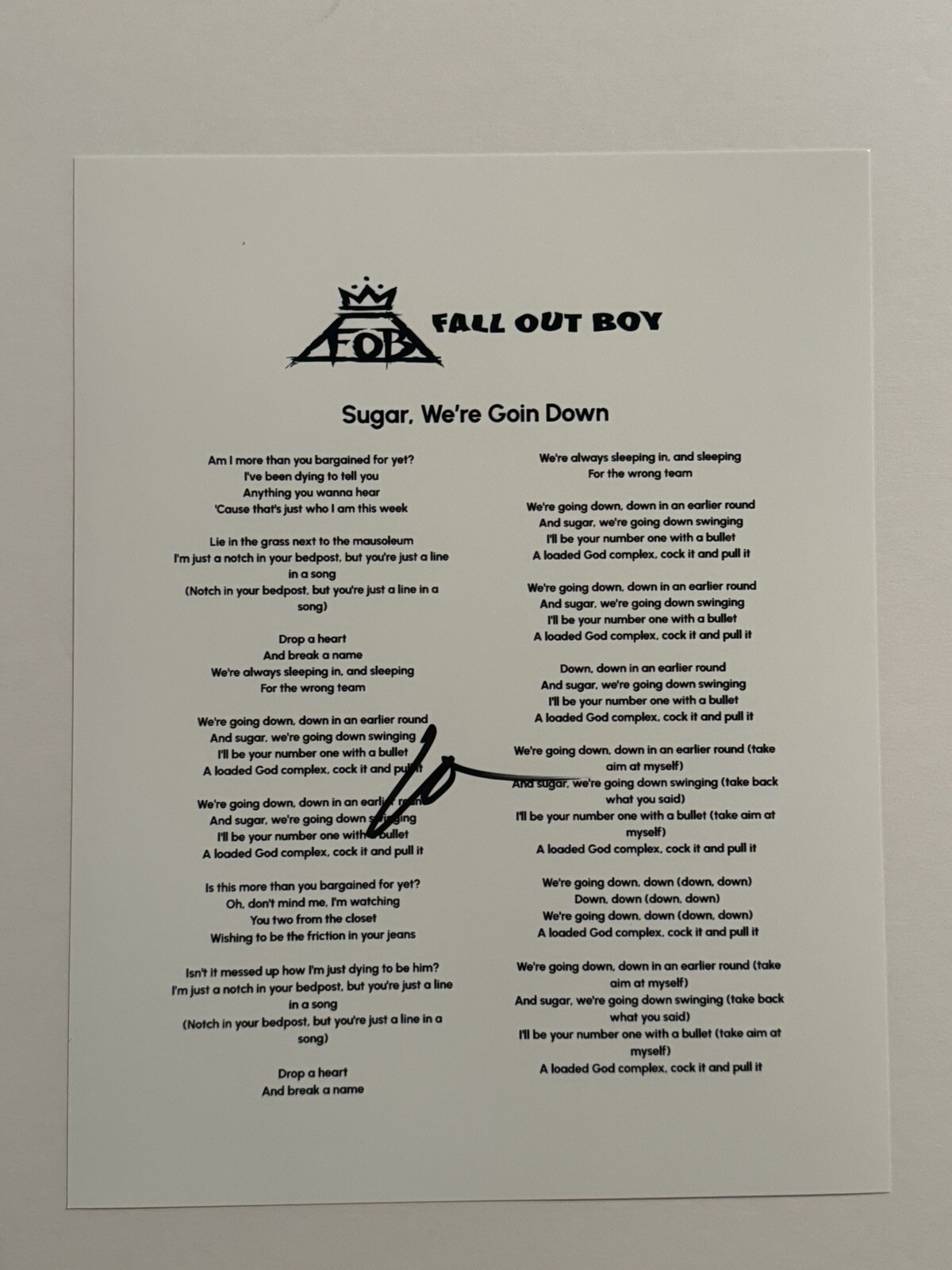 PATRICK STUMP SIGNED LYRIC SHEET AUTOGRAPHED FALL OUT BOY BAND LEAD SINGER COA