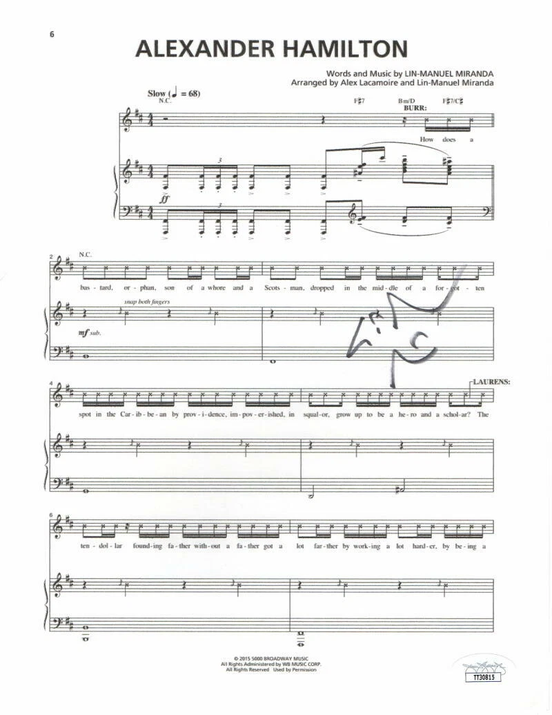 LIN MANUEL MIRANDA SIGNED AUTOGRAPH ALEXANDER HAMILTON BROADWAY SHEET MUSIC JSA