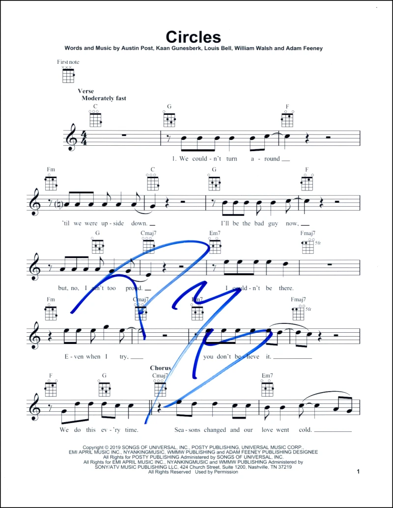 Austin Post Malone Signed Autograph Circles Sheet Music - Hollywood's Bleeding
