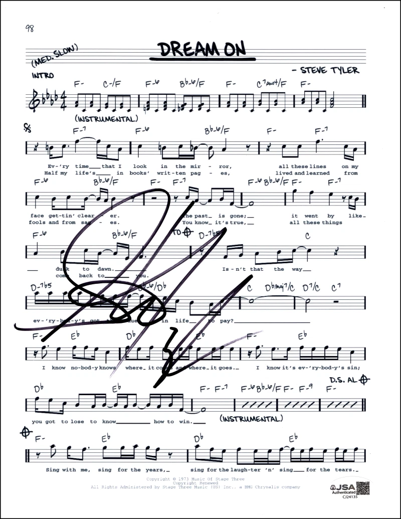 Steven Tyler Aerosmith Signed Autograph Dream On Sheet Music w/ JSA COA