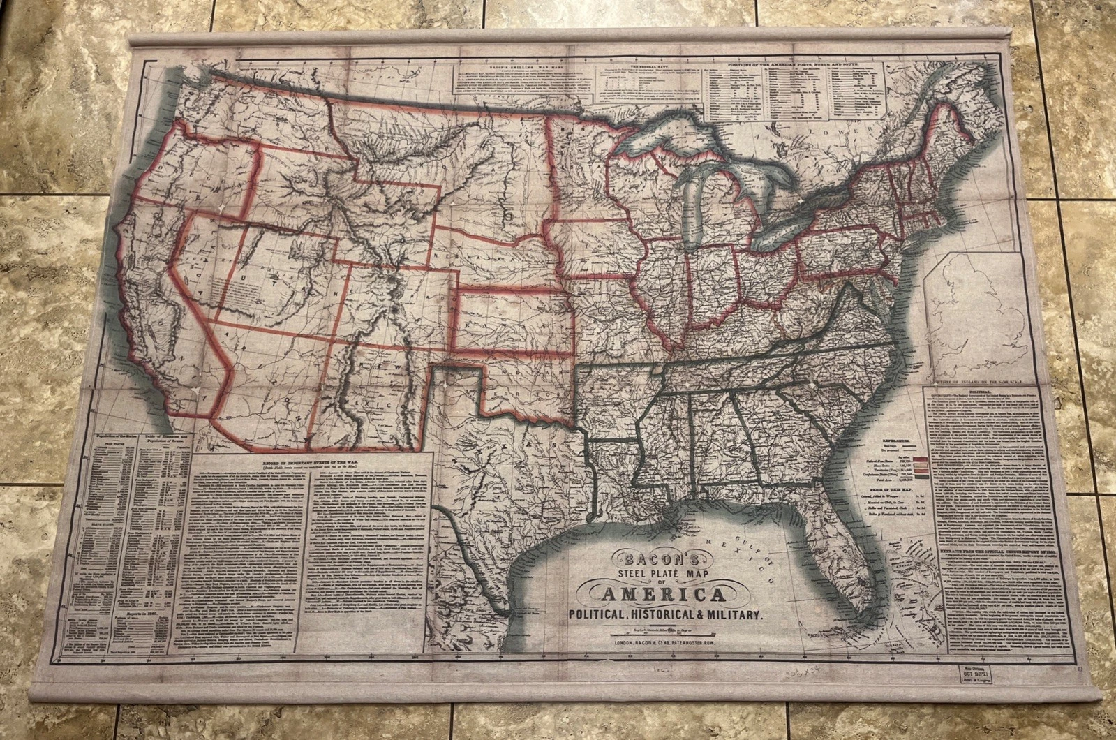 1863 Civil War Map US Bacon’s Steel Plate America Fabric Wall Hanging 62” 45
