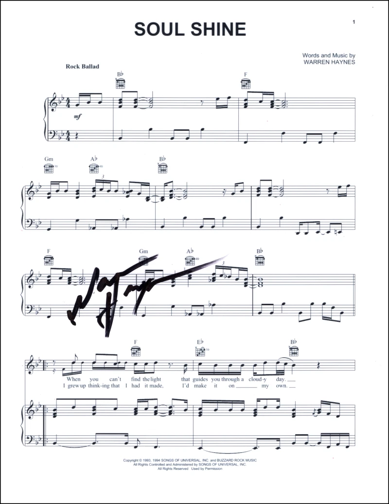 Warren Haynes The Allman Brothers Band Signed Autograph Soul Shine Sheet Music