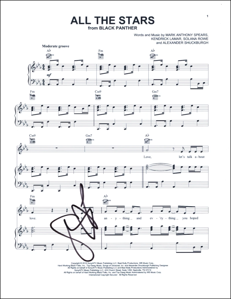 SZA Signed Autograph All the Stars Sheet Music w/ Kendrick Lamar Black Panther