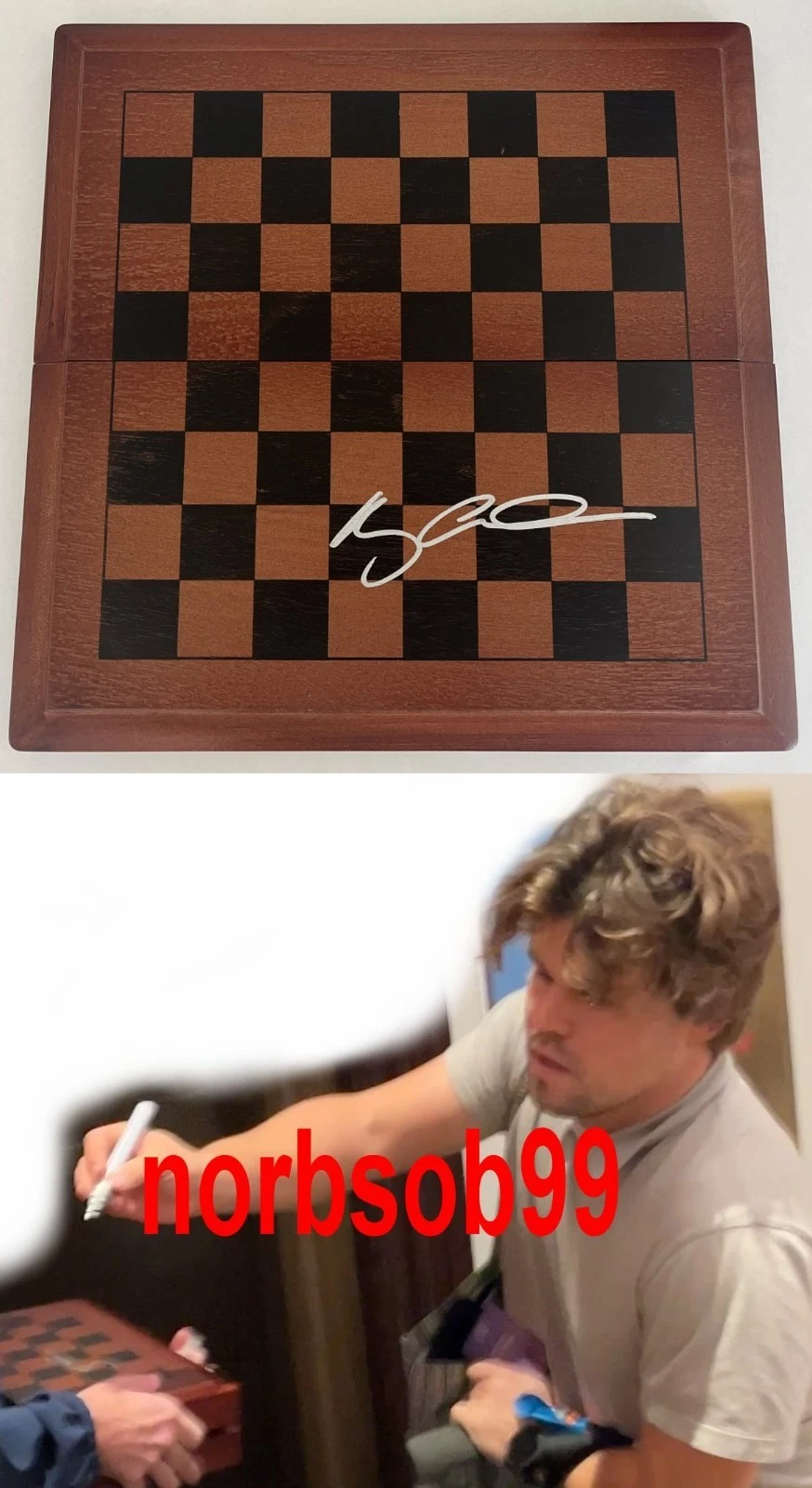 MAGNUS CARLSEN GRANDMASTER SIGNED CHESS BOARD w/EXACT PROOF & BECKETT COA