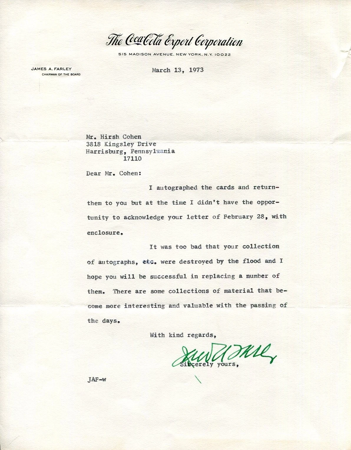 James Farley US Postmaster General New Deal Coca-Cola Chairman Signed Autograph