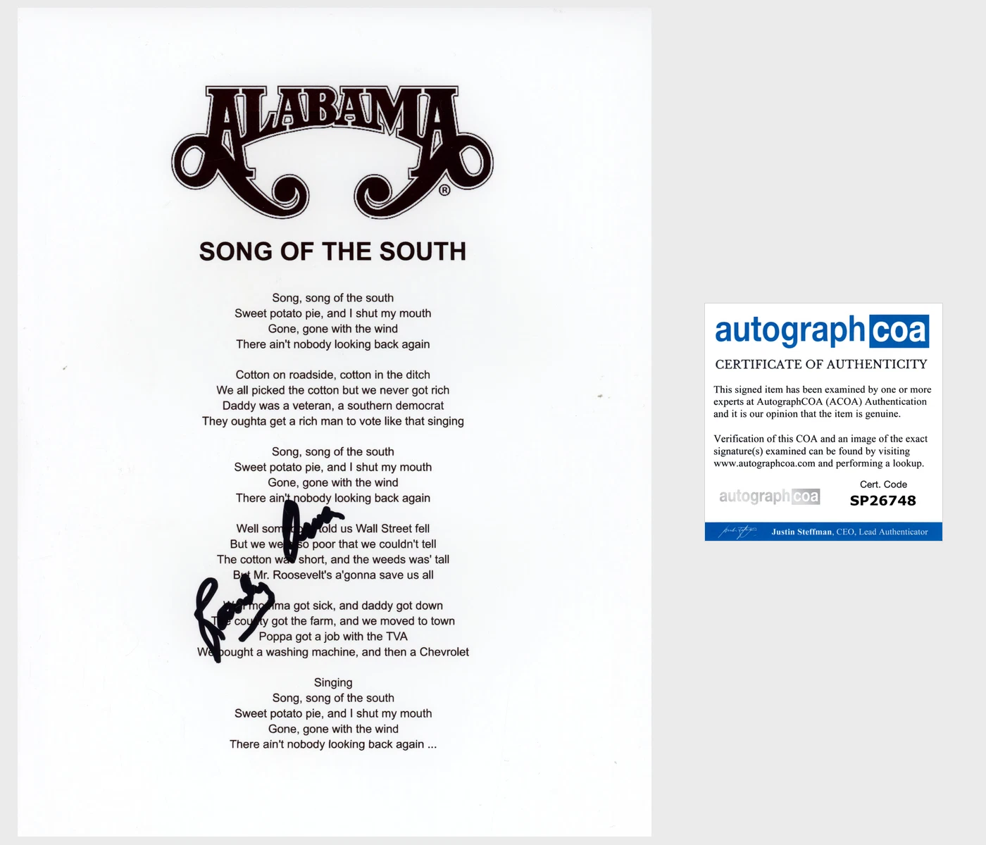 RANDY OWEN SIGNED ALABAMA SONG OF THE SOUTH LYRIC SHEET w/PROOF & AUTOGRAPH COA