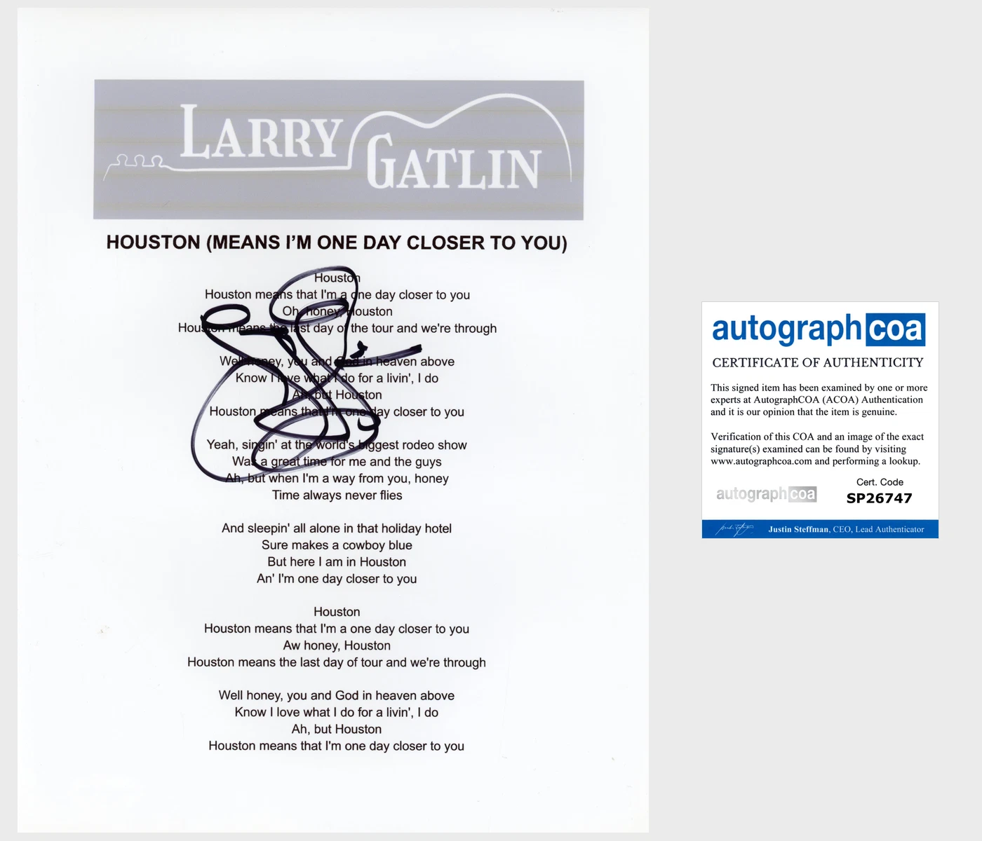 LARRY GATLIN SIGNED THE GATLIN BROTHERS HOUSTON LYRIC SHEET w/PROOF & COA