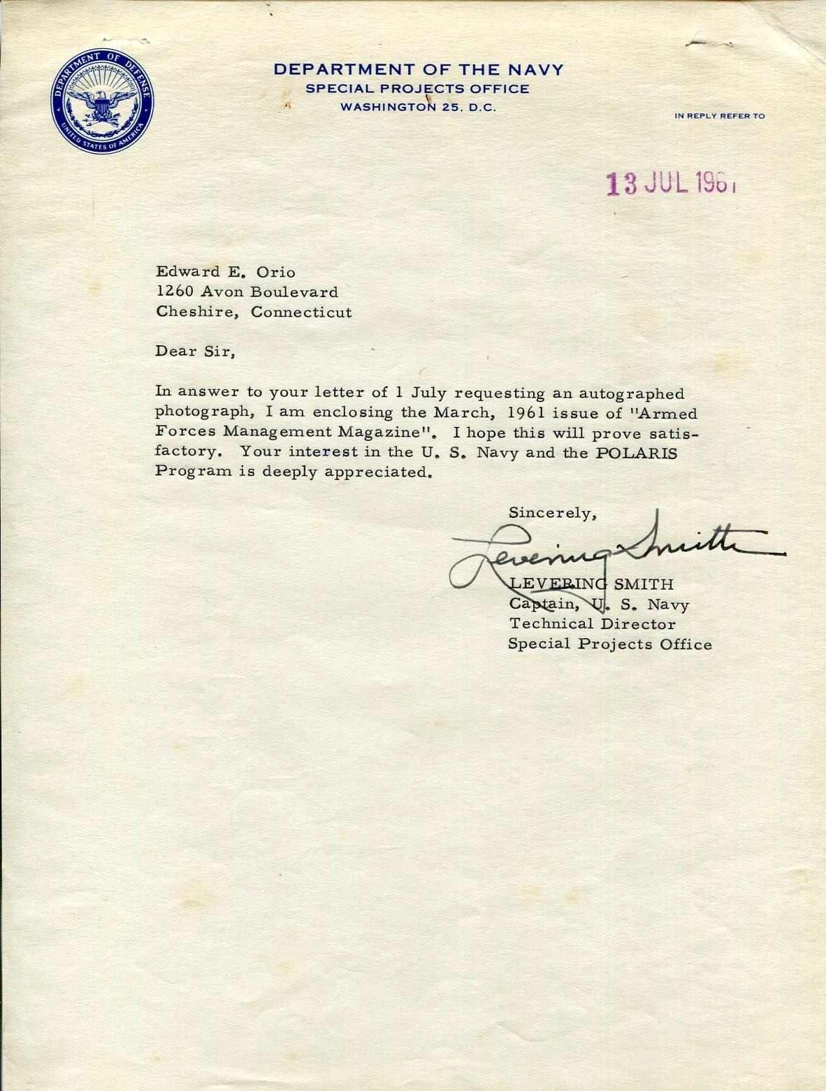 Admiral Levering Smith Polaris Trident Missile Program Signed Autograph Letter