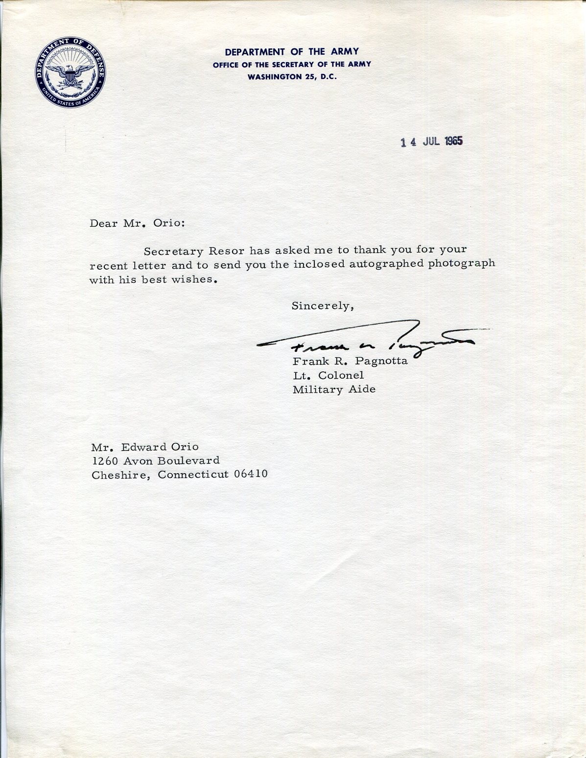 Colonel Frank R. Pagnotta WWII 12th Armored DV White House Aide Signed Autograph