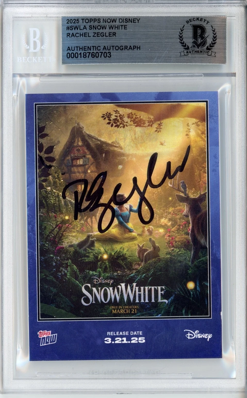 2025 Topps Now Disney Snow White Movie Rachel Zegler SIGNED Card BAS Beckett COA