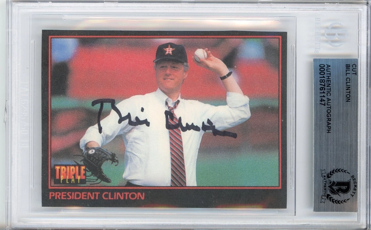 PRESIDENT BILL CLINTON SIGNED AUTOGRAPH TRIPLE PLAY CARD CUT BECKETT BAS COA