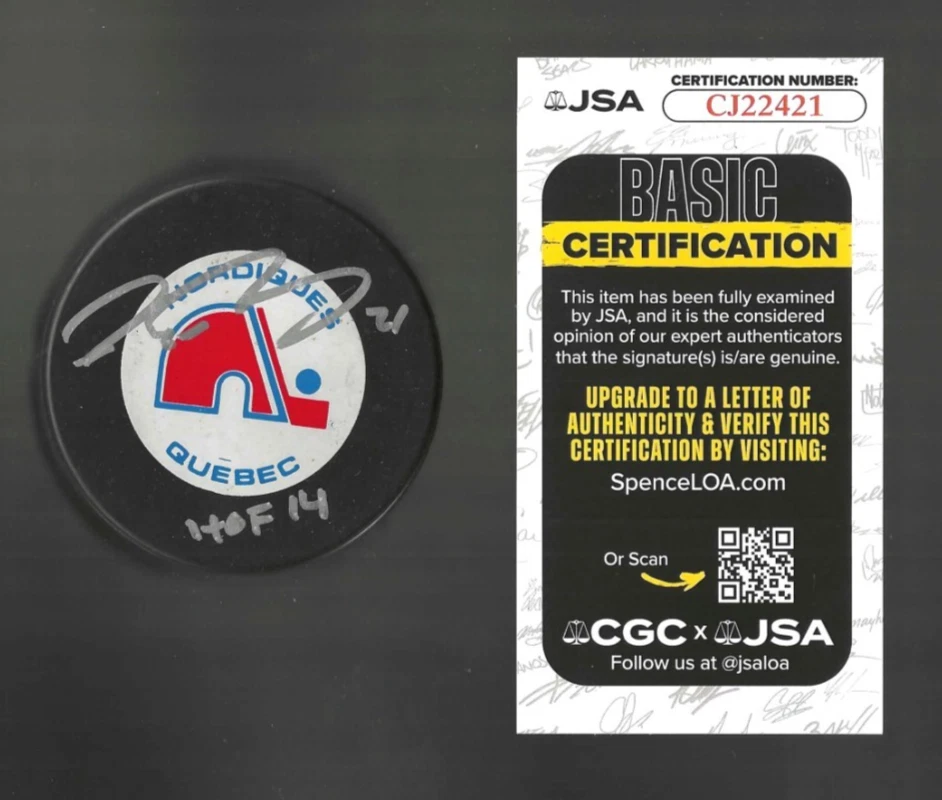 Peter Forsberg Signed Inscribed Quebec Nordiques Trench Puck JSA COA