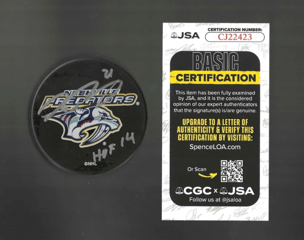 Peter Forsberg Signed Inscribed Nashville Predators Souvenir Puck JSA COA