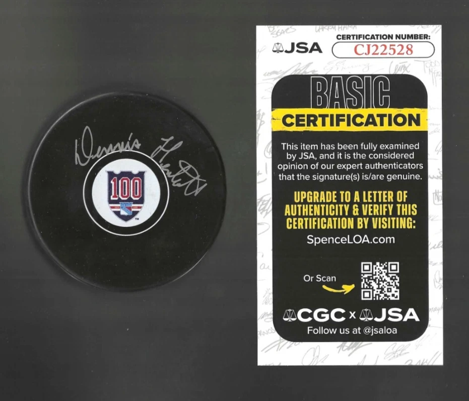 Dennis Hextall Signed New York Rangers Centennial 100th Puck JSA COA