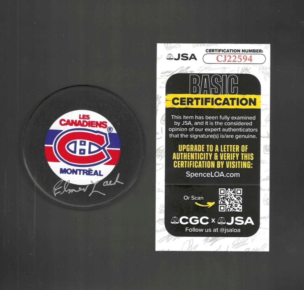 Elmer Lach Signed Montreal Canadiens Trench Puck JSA COA