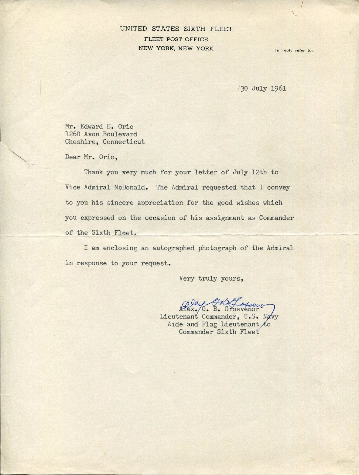 Alexander G. B. Grosvenor Naval Academy Yachtsman Pilot Signed Autograph Letter