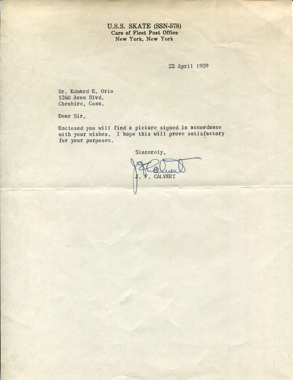 Admiral James F. Calvert USS Skate Naval Academy Superintendent Signed Autograph