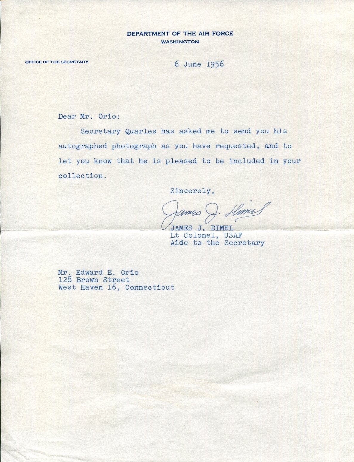 Colonel James J Dimel WWII Fighter Pilot B-17 833rd 2 DFC Signed Autograph TLS