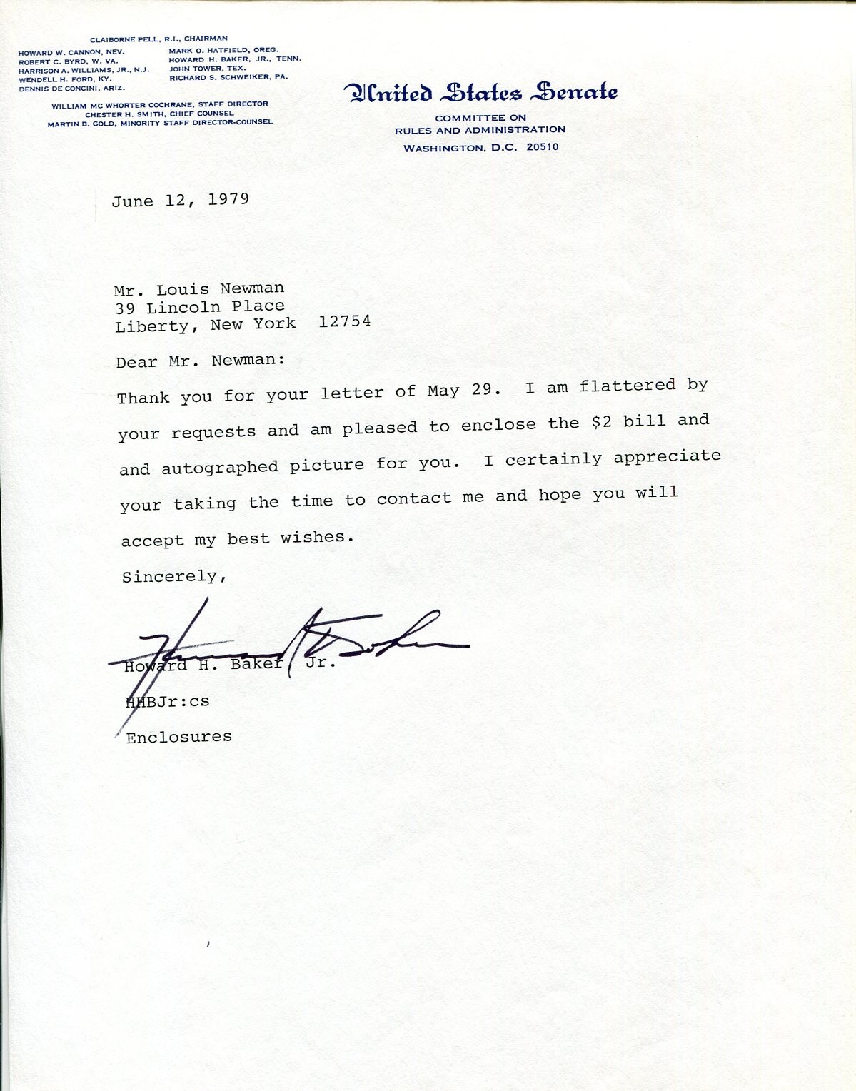 Howard Baker US Senator White House Chief of Staff Ambassador Signed Autograph