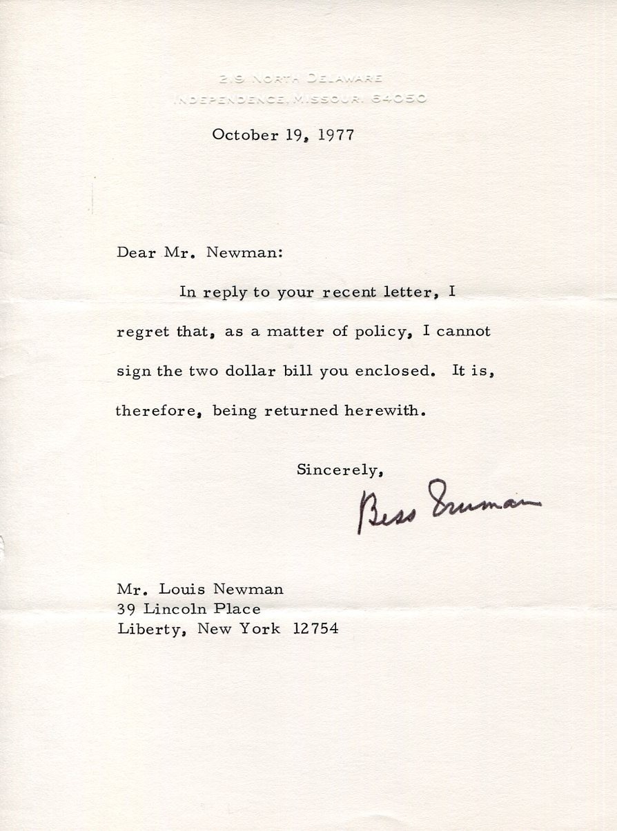 Bess Truman First Lady Of The US Wife of Harry Truman Signed Autograph Letter