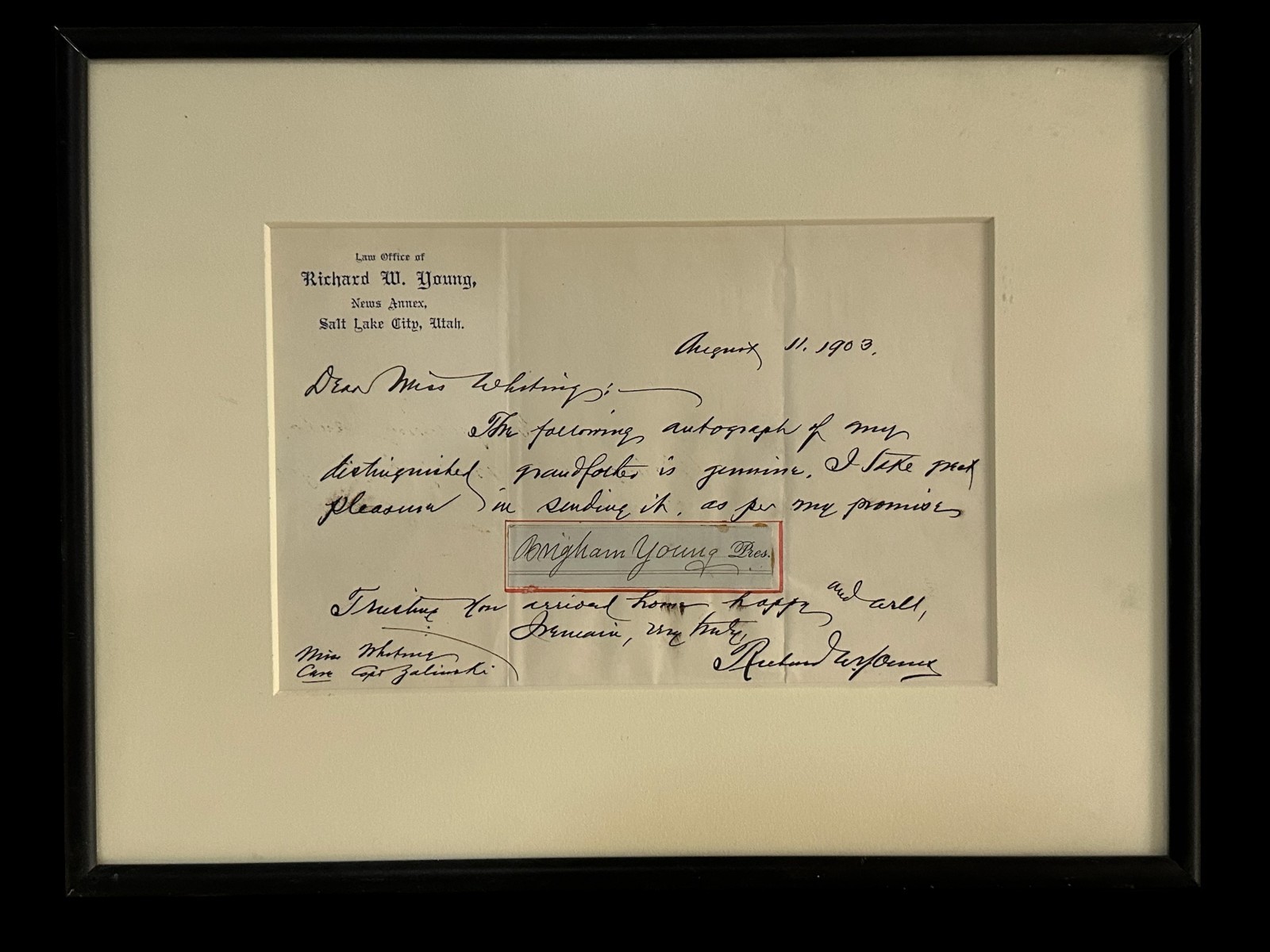 Brigham Young LDS Mormon Signed Autograph With General Richard Whitehead JSA