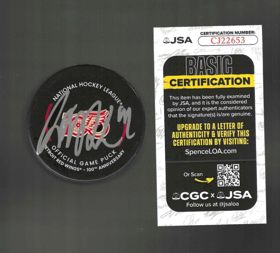 Axel Sandin-Pellikka Signed Detroit Red Wings Centennial 100th Game Puck JSA COA