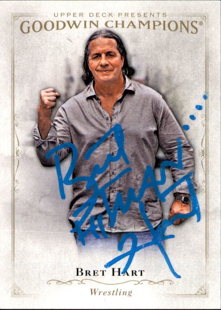 BRET “HIT MAN” HART SIGNED 2016 UPPER DECK GOODWIN CHAMPIONS CARD #11  WWE COLLECTIBLE MEMORABILIA
