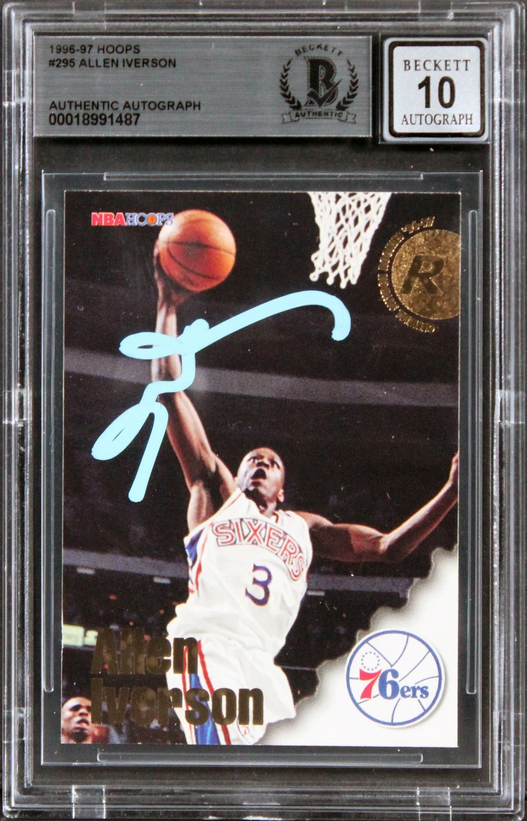 76ERS ALLEN IVERSON SIGNED 1996 HOOPS #295 ROOKIE CARD AUTO GRADE 10! BAS SLAB COLLECTIBLE MEMORABILIA